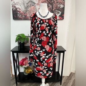 ROZ & ALI Women Shift Pleated Plus Dress Size 22 Round Neck Pullover Long Sleeve